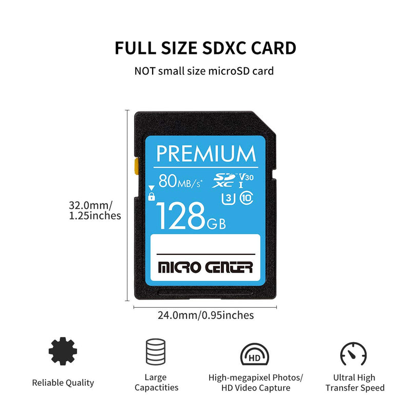 Premium 128GB SDXC Card by Micro Center, Class 10 SD Flash Memory Card UHS-I C10 U3 V30 4K UHD Video R/W Speed up to 80/60 MB/s for Cameras Computers Trail Cams (128GB)