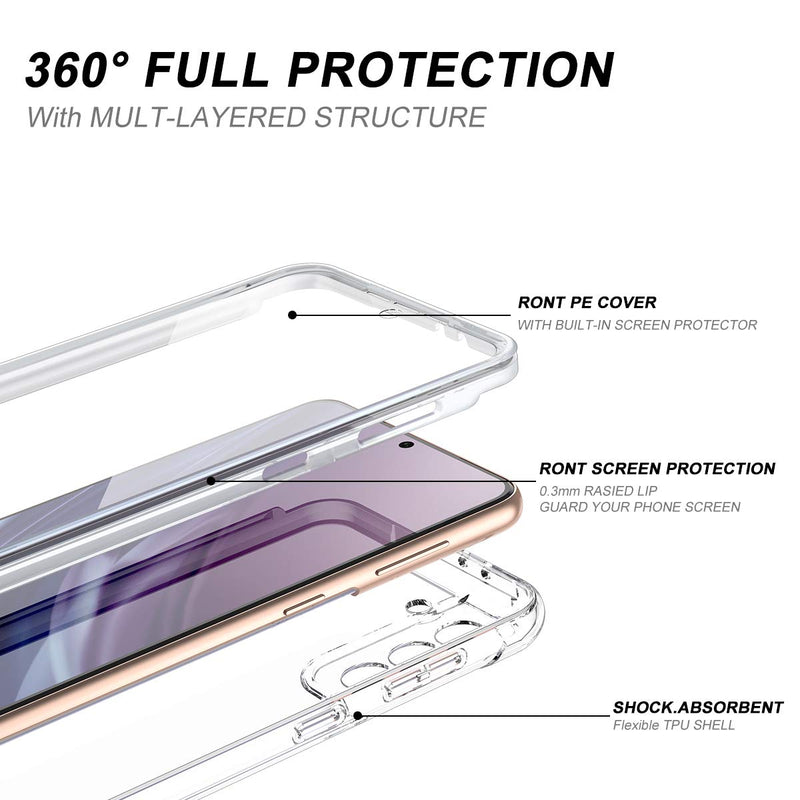 SURITCH Clear Case for Samsung Galaxy S21 5G,[Built in Screen Protector][Camera Lens Protection] Full Body Protective Hard Shell+Soft TPU Bumper Shockproof Rugged Cover for Galaxy S21 6.2" (Clear)