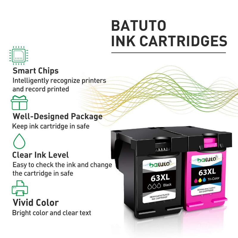 batuto Remanufactured for HP 63 63xl (1Black, 1Tri-Color ) Replacement Inkjet 63 XL for HP OfficeJet 3830 4650 5255 4652 Envy 4520 4510 4512 4513 4516 Deskjet 1112 3634 3639 3632 2130 Printer