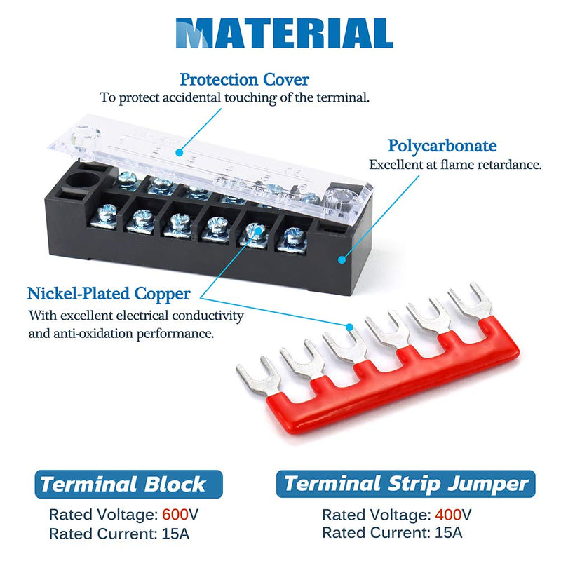 Terminal Strips, FIXITOK 6 Sets 4/5/6 Positions Terminal Block Strips Waterproof 600V 15A Screw Terminal Strips with 400V 15A Pre-Insulated Terminal Barrier Strip Jumper 15A-4/5/6P