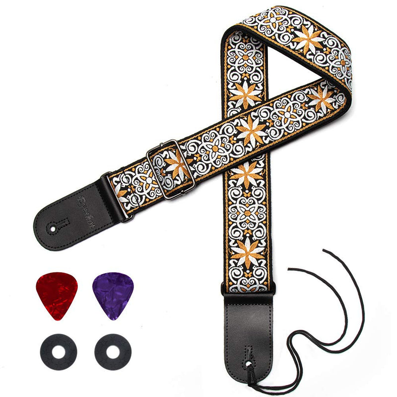 Eyeshot Guitar Strap Adjustable Jacquard Woven Guitar Strap with Genuine Leather End, Acoustic Electric Bass Vintage Guitar Strap with Strap Locks & Strap Picks Jacquard King Style