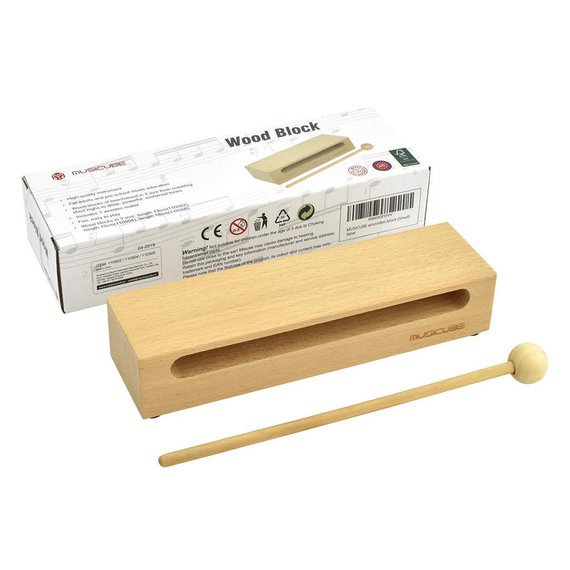 MUSICUBE Wood Block, 7 Inch Solid Hardwood Percussion Block with Rubber Feet, Traditional Music Rhythm Block with Mallet Big