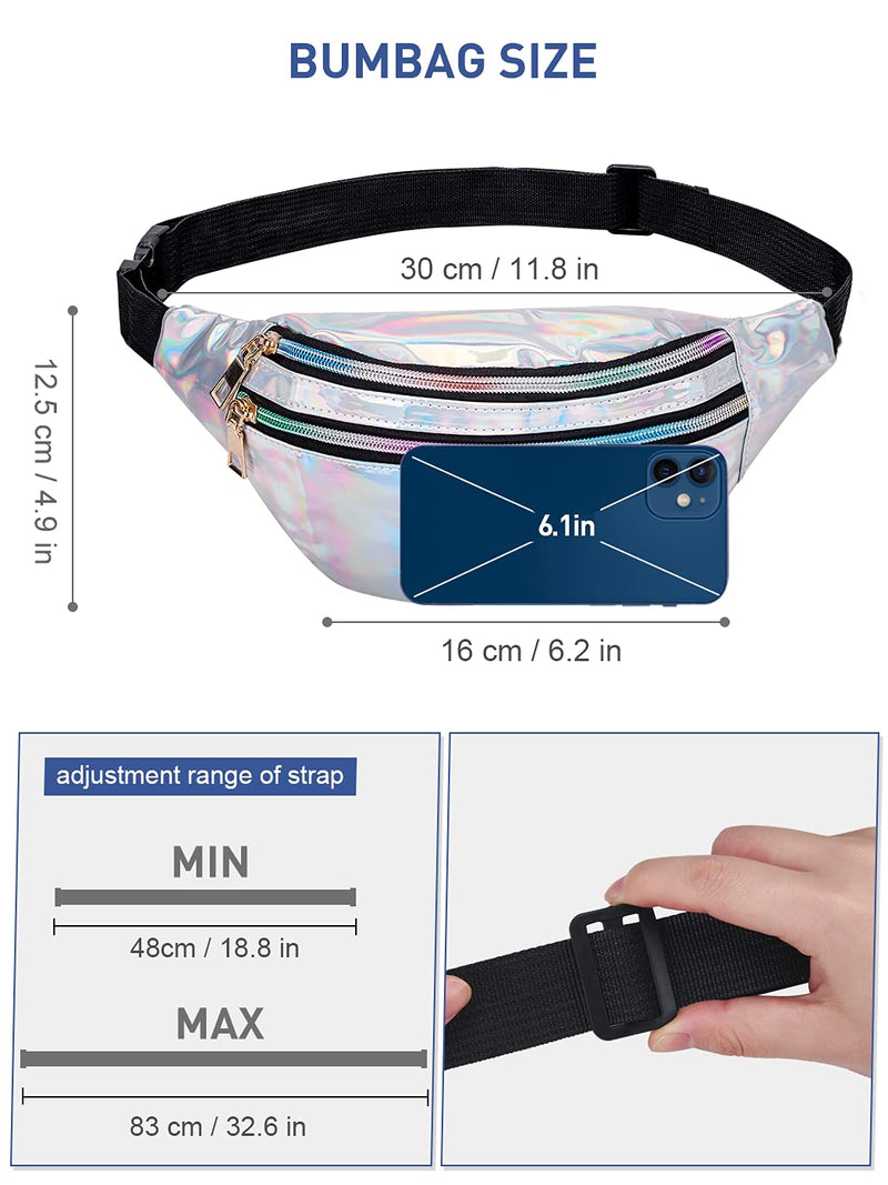 LIVACASA Holographic Fanny Packs for Women Cute Black Waist Packs Shiny Waist Bum Bag Waterproof for Travel Party Festival Running Hiking All Silver 12.2 ''x 9'' x5''