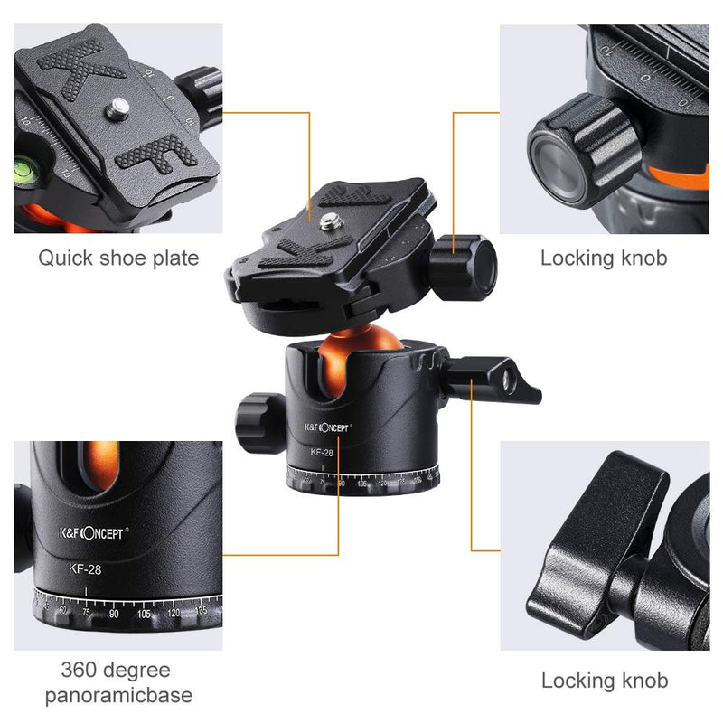 K&F Concept Professional 28mm Metal Tripod Ball Head 360 Degree Rotating Panoramic with 1/4 inch Quick Release Plate Bubble Level for Tripod Monopod Slider Camera Camcorder up to 22 pounds 28mm ball head