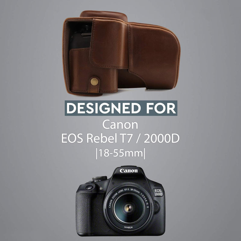 MegaGear MG1608 Ever Ready Leather Camera Case compatible with Canon EOS Rebel T7 (18-55mm), 2000D (18-55mm) - Dark Brown