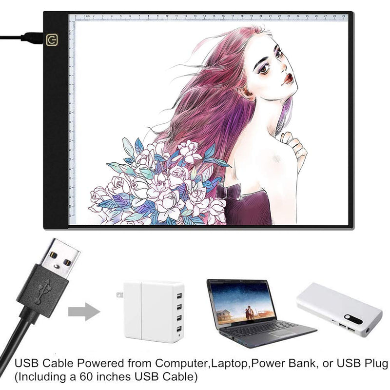 A4 Tracing Light Box, Portable Light pad Table with USB Power Cable, Bright Pad Weeding Vinyl Dimmable Brightness Drawing Pad Display for Diamond Painting, Kid, Adult [Flicker-Free] [Eye Protection] A4 Scale