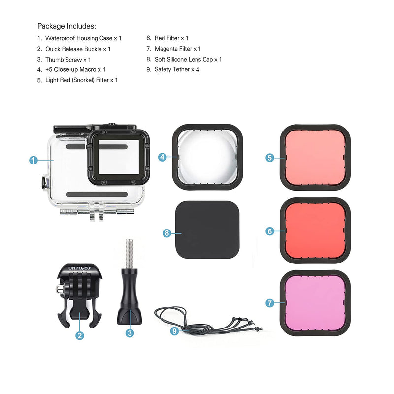 SOONSUN Waterproof Housing Case with 4-Pack Lens Filters for GoPro Hero 7 6 5 Black Hero (2018), Dive Housing with Red, Light Red, Magenta, and 5x Close-up Filters for Underwater Video and Photography Waterproof Housing with 4-Pack filter
