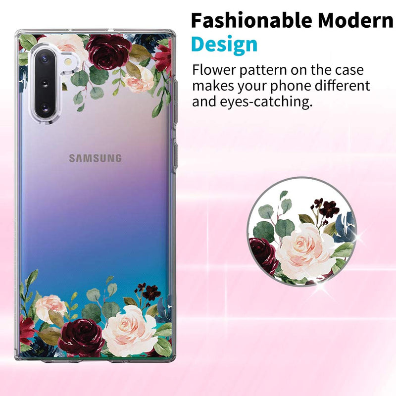 OKZone Case for Galaxy Note 10 Case, [Flowers Pattern Design] Colorful Floral Pattern Printed Shockproof Transparent Clear Soft Flexible TPU Protective Case For Samsung Galaxy Note 10 (Dark Red) Dark Red