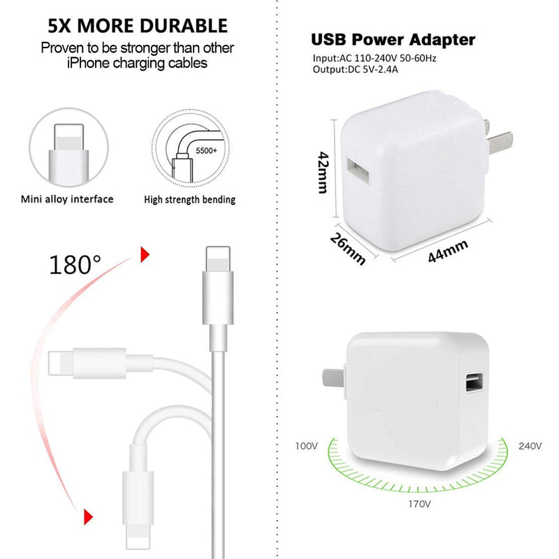 iPhone Charger iPad Charger,Original 2.4A 12W USB Wall Charger Foldable Portable Travel Plug and 2 Pack Charging Cable Compatible with iPhone,iPad