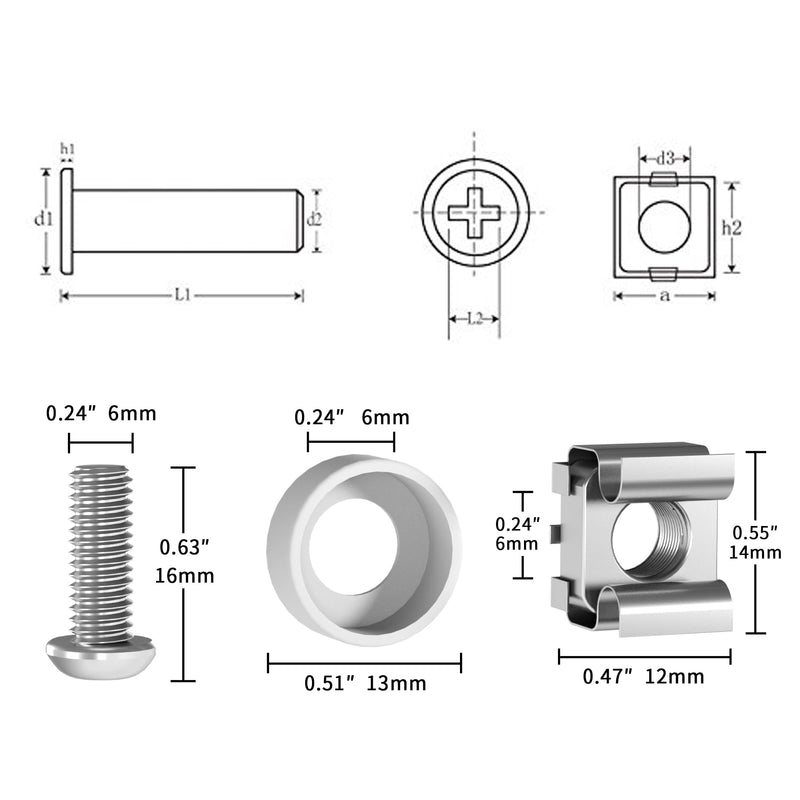 M6 x 16mm Rack Mount Cage Nuts, Screws and Washers for Rack Mount Server Cabinet, Rack Mount Server Shelves, Routers, 50 PACK Rack Mount Screws and Square Insert Nuts, Self-Locking Cable Ties for Free Silver
