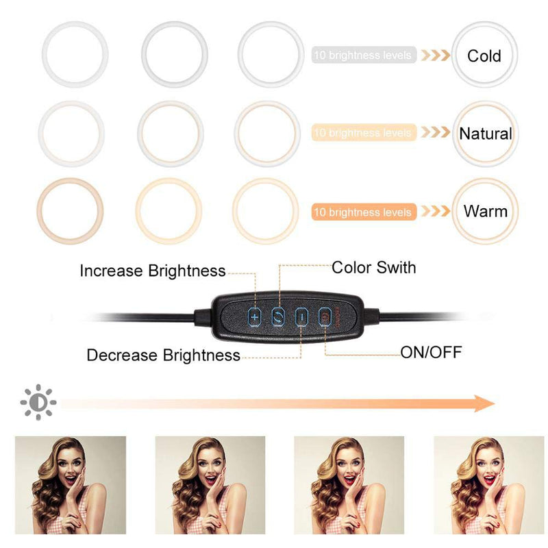 HNZHB LED Ring Light 10" with Tripod Stand and Flexible Phone Holder for YouTube Video & Streaming Desk Makeup Ring Light Dimmable for Cell Phone Camera 3 Light Modes & 10 Brightness Level