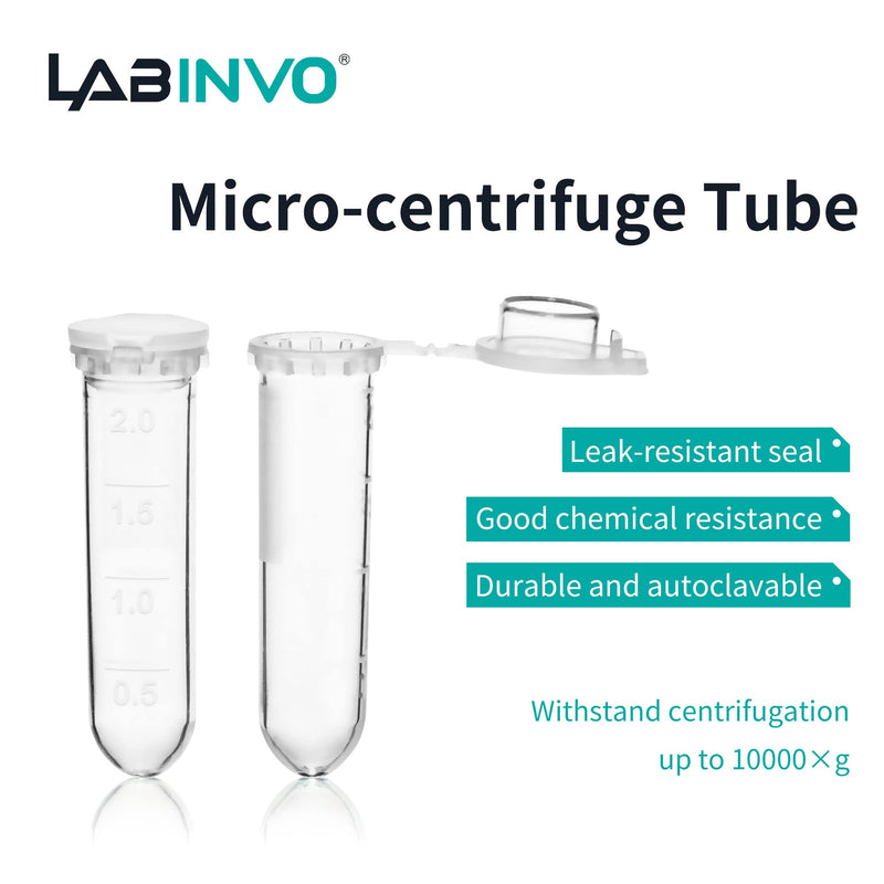 LABINVO 2ml Micro-Centrifuge Tube with Safe-Lock Cap, Frosted Writing Area, Round Bottom, PP Material, Molded Graduation10.3x40.5mm, Pack of 500, IN-MT20N Vol.2ml,500 pcs