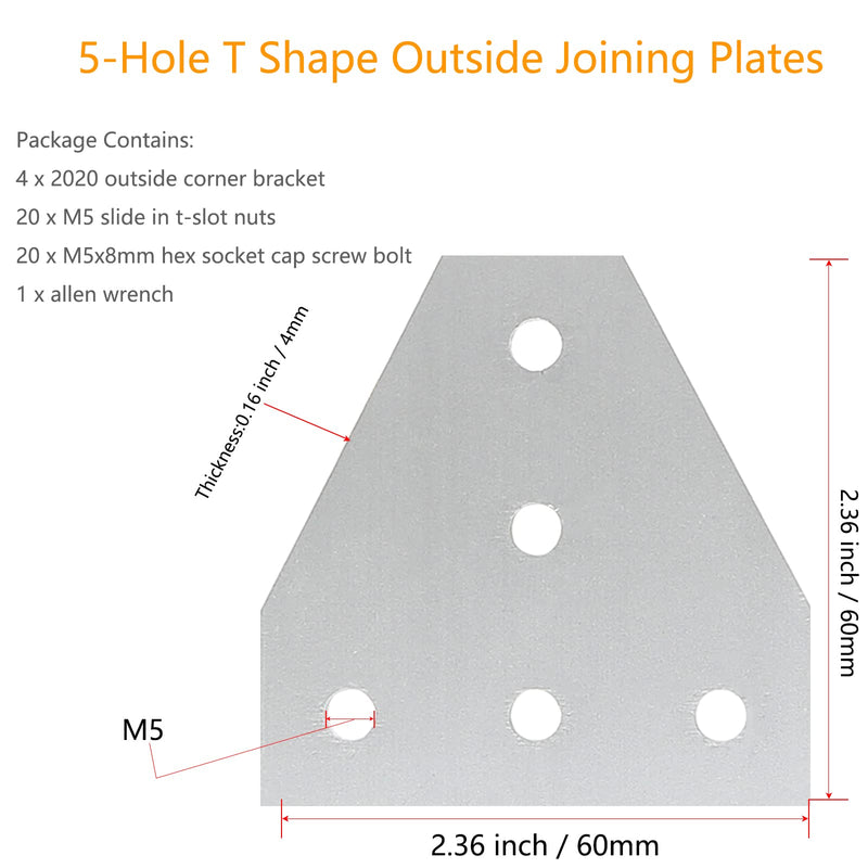 Qjaiune 4Pcs 2020 T Shape Joint Plates, T Slot Aluminum Extrusion Plate with T Nuts, Outside Corner Bracket Joint Board Connection for 2020 Series Aluminum Extrusion Profile with Slot 6mm (Silver) T Shape - 4 Pack Silver