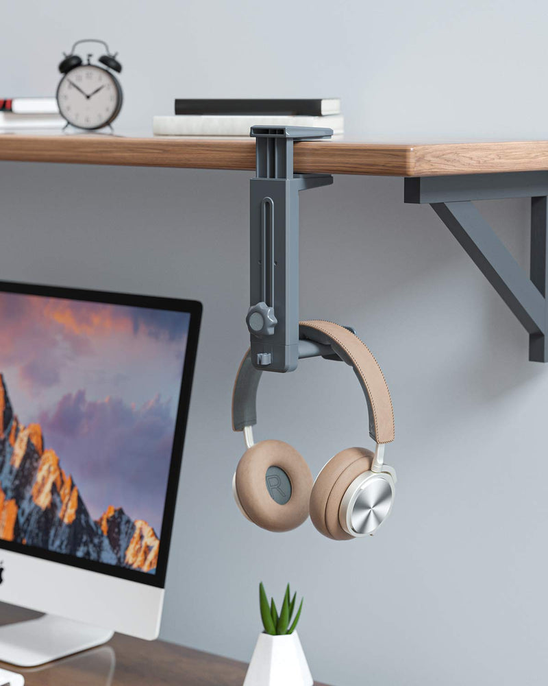 Headphone Stand and Hanger 2 in 1, SUPERONE Headset Hook with Adjustable Height, Wide & Rotating Hook, Cable Clip, Soft clamp Pads, Fit for Desks, Cabinets, Bookshelves and More Gray