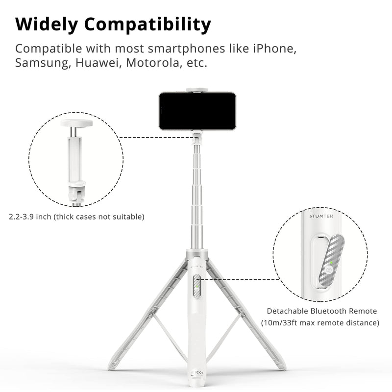 [AUSTRALIA] - ATUMTEK 51" Selfie Stick Tripod, All in One Extendable Phone Tripod Stand with Bluetooth Remote 360° Rotation for iPhone and Android Phone Selfies, Video Recording, Vlogging, Live Streaming, White 51" 