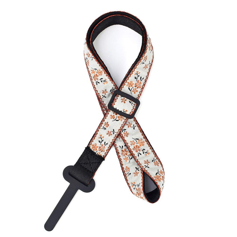 [AUSTRALIA] - CLOUDMUSIC Ukulele Strap Button Free Hawaiian Floral Ukulele Strap with Hook Clip On For Soprano Concert Tenor Ukulele (Orange Flowers In Breige) Style 27 