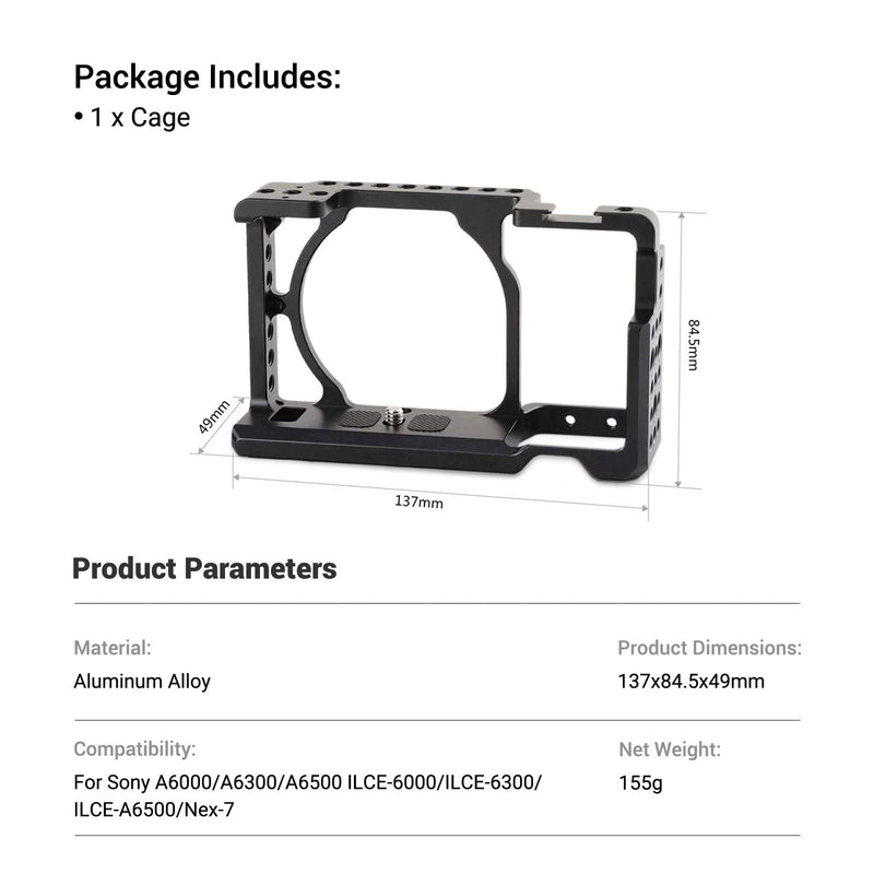 SMALLRIG Camera Cage only for Sony A6000 A6300 ILCE-6000 ILCE-6300 NEX7 with 1/4" 3/8" Mounting Points and Built-in Cold Shoe - 1661