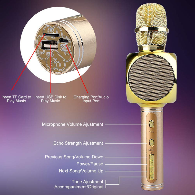 [AUSTRALIA] - QStyle Wireless Bluetooth Karaoke Microphone,Portable Magic Karaoke Machine with Speaker for Kids Adults Chargable Microphone for Home Birthday Party - Gold (Gold) 