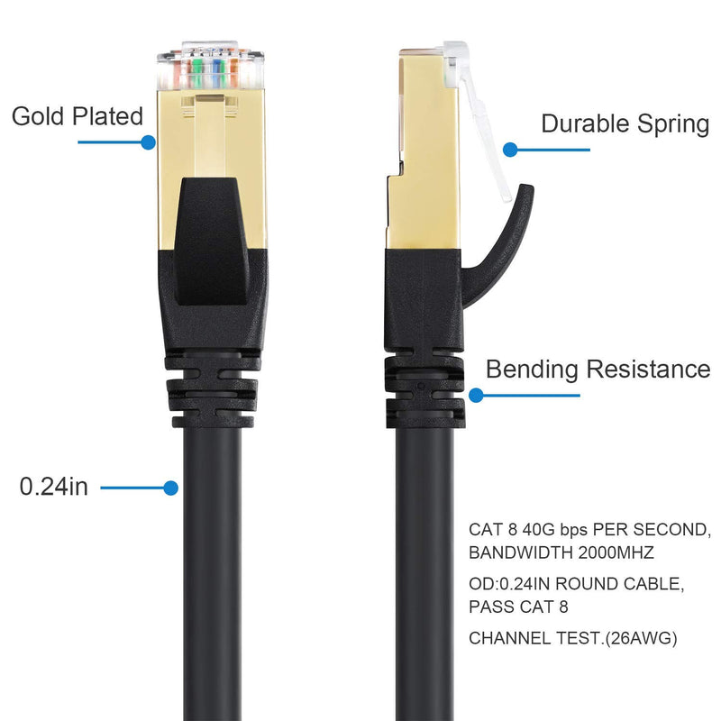 Cat8 Ethernet Cable, Outdoor&Indoor, 6FT Heavy Duty High Speed 26AWG Cat8 LAN Network Cable 40Gbps, 2000Mhz with Gold Plated RJ45 Connector, Weatherproof S/FTP UV Resistant for Router/Gaming/Modem Cat8-6ft
