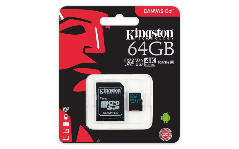 Kingston 64GB SDXC Micro Canvas Go! Memory Card and Adapter Works with GoPro Hero 7 Black, Silver, Hero7 White Camera (SDCG2/64GB) Bundle with (1) Everything But Stromboli TF and SD Card Reader 64GB Class 10