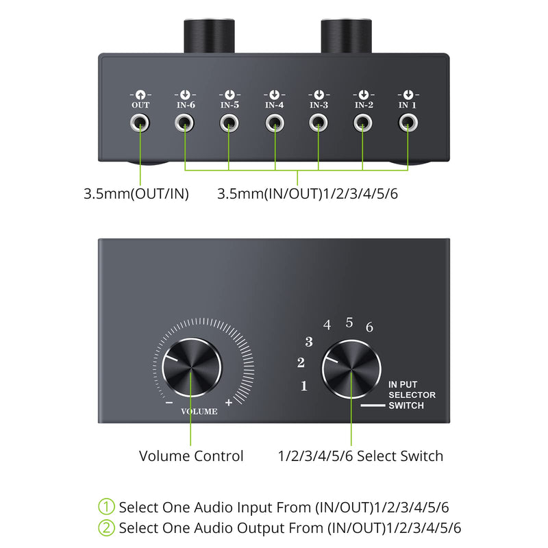 LiNKFOR 6 Ports 3.5mm Audio Switch Bidirectional 3.5mm Audio Switcher Support 1 in 6 Out or 6 in 1 Out with Volume Control No External Power for PC Phone Headphone Stereo Speaker CD Player