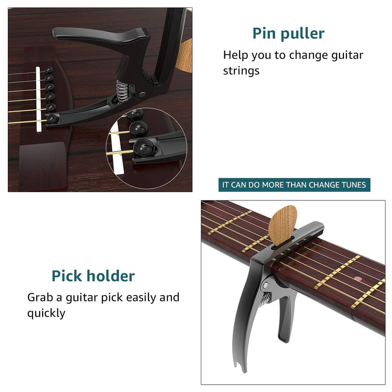 Guitar Capo 3 in 1 Zinc Alloy Metal Capo for Acoustic and Electric Guitars, Ukulele, Mandolin, Banjo, with Pick Holder and Two Guitar Picks (black) black