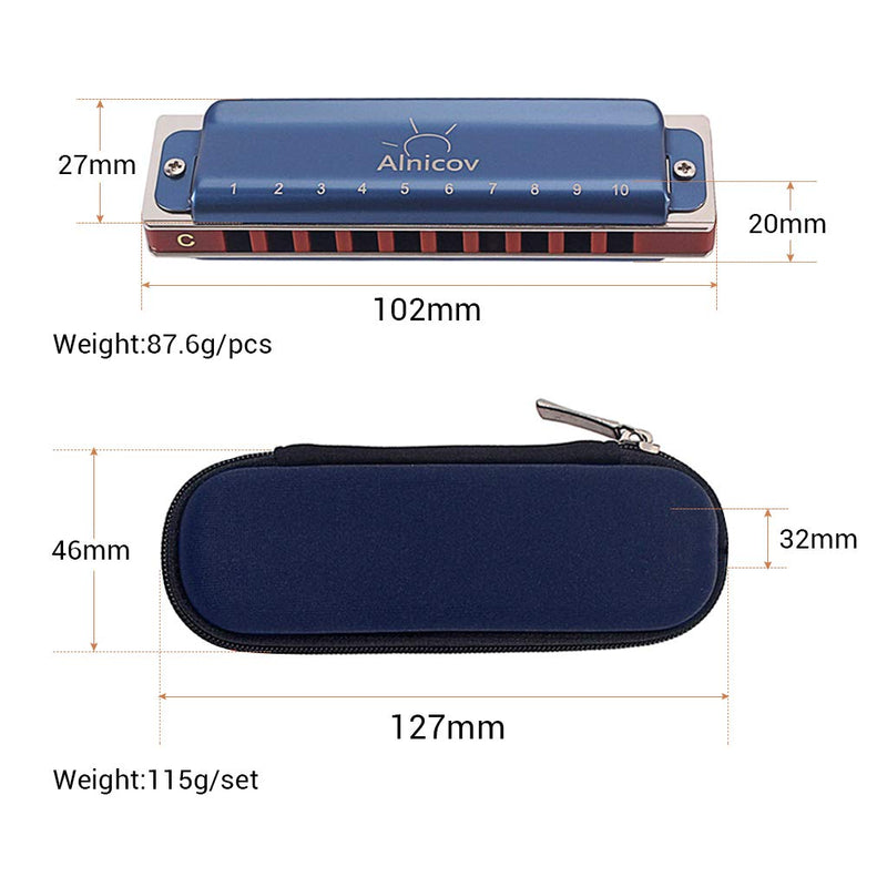 Alnicov Deluxe Blues Harmonica in Key of C Diatonic/10 Holes Mouth Organ Instrument with Case and Cleaning Cloth for Students,Adults,Professionals Gifts - Blue