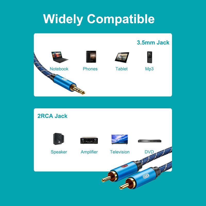 [AUSTRALIA] - EMK 3.5mm Aux to RCA Stereo Splitter Cable[Nylon Braided,Durable and Flexible] Audio Y Adapter Cable - Top Blue Series (10Feet/3M) 10Feet/3M 