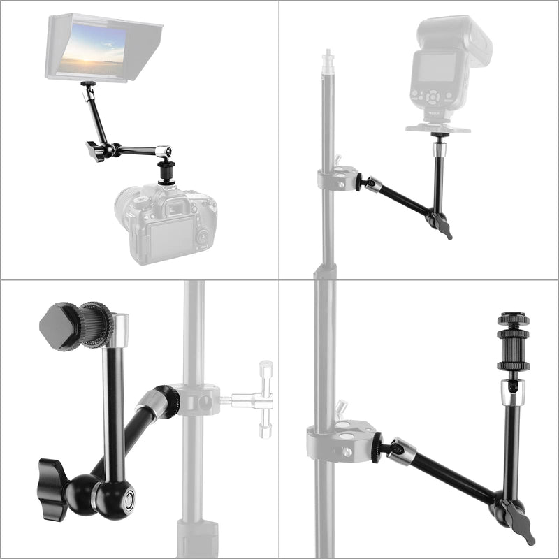 ChromLives 11 Inch Magic Arm Adjustable Articulating Friction Camera Arm W/ 1/4" Thread Screw and Hot Shoe Mount Compatible with DSLR Camera Rig, LED Lights, Flash Light, LCD Monitor Steel Magic Arm
