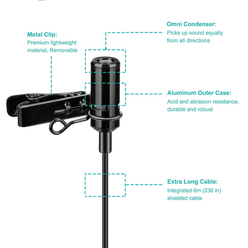 [AUSTRALIA] - Lavalier Lapel Microphone, KIMAFUN 3.5mm Clip-on Omnidirectional Condenser Microphone for Smartphone, Canon/Nikon Camera, Camcorder, iPhone, Android, Laptop, PC, Recording, YouTube, 4013-Single Black 
