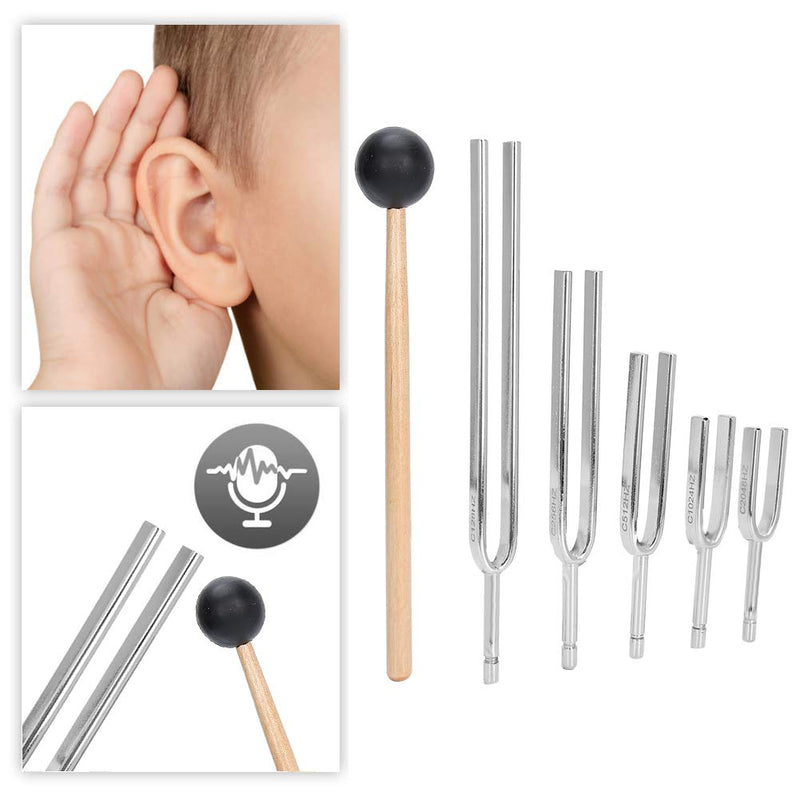 Brrnoo Tuning Fork Set, 5PCS 128HZ+256HZ+512HZ+1024HZ+2048HZ Medical Tuning Fork Hearing Test Aluminum Alloy Tuning Energy Fork With Hammer Tap