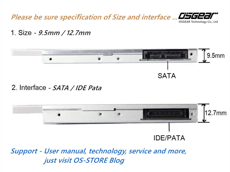 OSGEAR 2.5" 9.5mm 2nd Box Caddy Bay SATA HDD SSD to BD DVD CD RW Drive Tray ODD Laptop Hard Disk for ASUS ACER Toshiba Samsung 9.5mm SATA