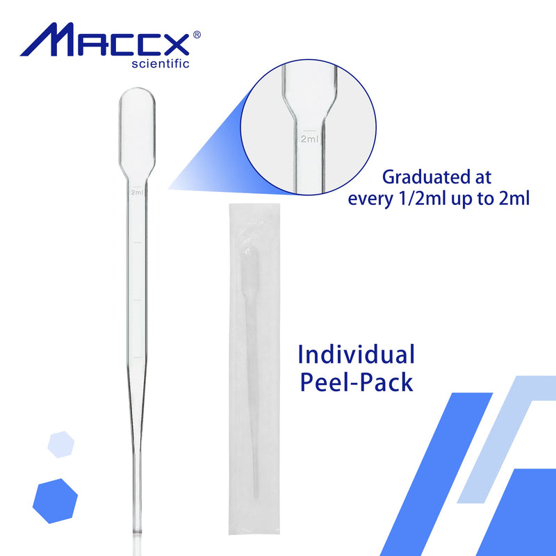 Maccx 100pcs Sterile Transfer Pipettes, Vol. 5ml, 2ml Graduated, 155mm Long, Essential Oils Pipettes, Low-Density Polyethylene Material, Individual Peel-Pack, TPP5155-100 Vol.5ml