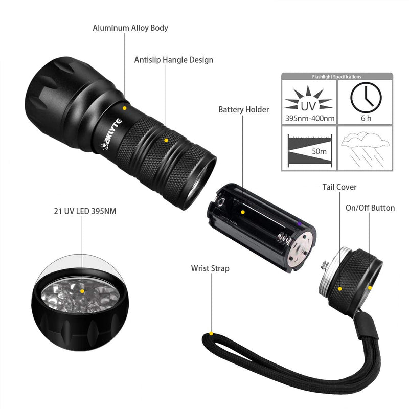 Waklyte Black Light, Mini UV Flashlight, 21 LED 395 nm Ultraviolet Blacklight Detector for Dog Urine, Pet Stains and Bed Bug (Battery Included)