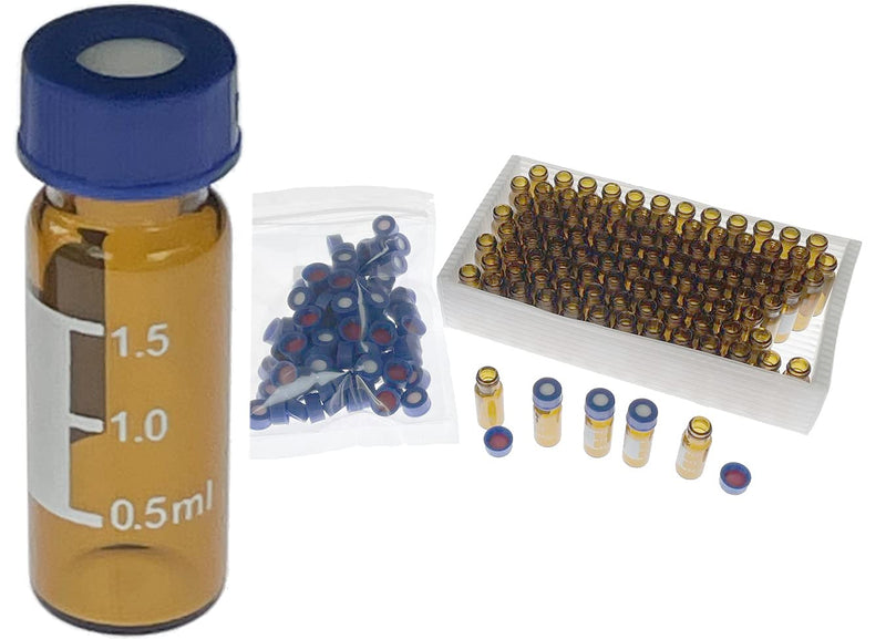 MUHWA HPLC Vials, 2ml Lab Autosampler Vials with Rack, Vials with Writing Area and Graduations, Screw Cap, White PTFE and Red Silicone Septa, (2 Racks and100 Vials)/Pack (Amber) Amber