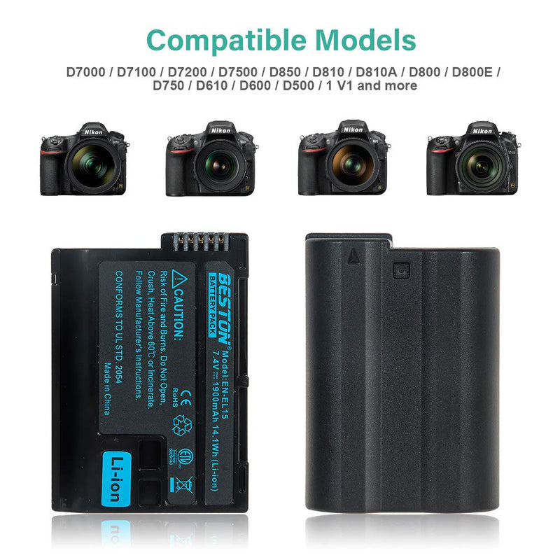BESTON 2-Pack EN-EL15 / EN-EL15a Battery Packs and USB Fast Charger for Nikon D500 D600 D610 D750 D780 D800 D810 D850 D7000 D7100 D7200 D7500 Cameras