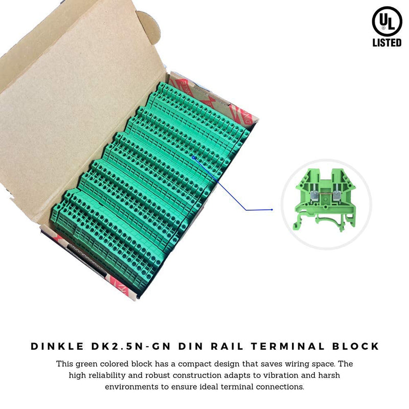 Dinkle Green DK2.5N-GN DIN Rail Terminal Block Screw Type UL 600V 20A 12-22AWG, Pack of 100