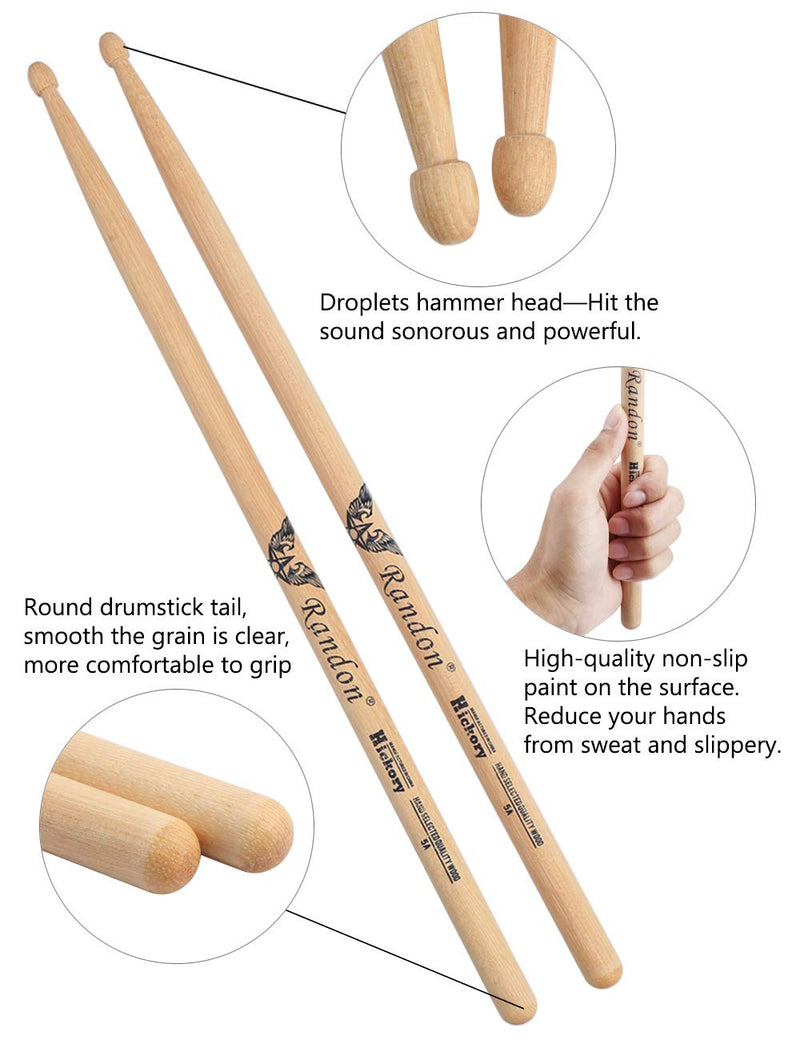 Randon Drumsticks American Hickory Classical 5A Tip Drum sticks for Students Kids Adults Beginner Drummer with Drawstring Bag and Silicone Drum Mute Damper(2 pairs)