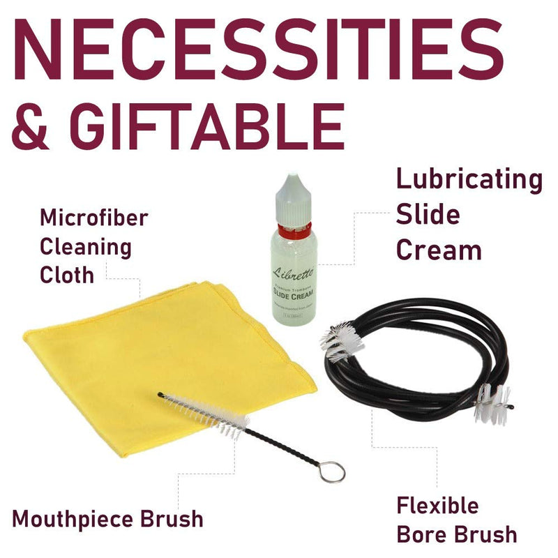 Libretto Trombone ALL-INCLUSIVE Care Kit: Flexible Bore Brush + Mouthpiece Brush + Slide Oil+ Microfiber Cleaning Cloth, w/Giftable Handy Case, Time to Clean & Extend Life of your Trombone!
