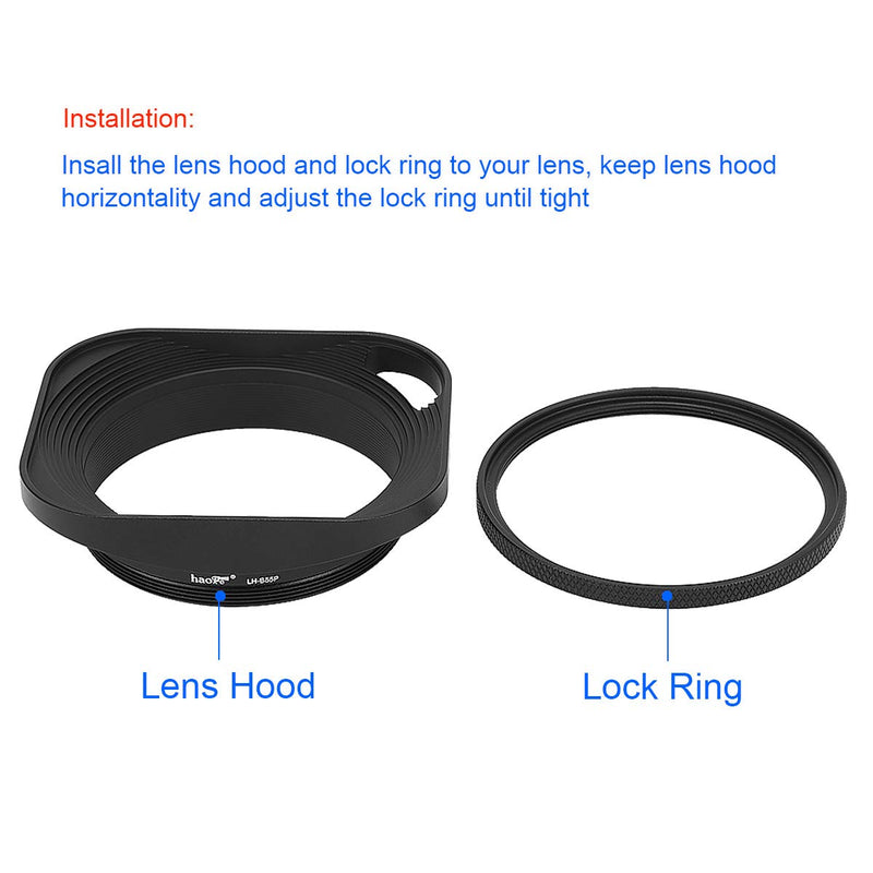 Haoge LH-B55P 55mm Square Metal Screw-in Lens Hood Hollow Out Designed with Cap for Leica Rangefinder Camera with 55mm E55 Filter Thread Lens Black
