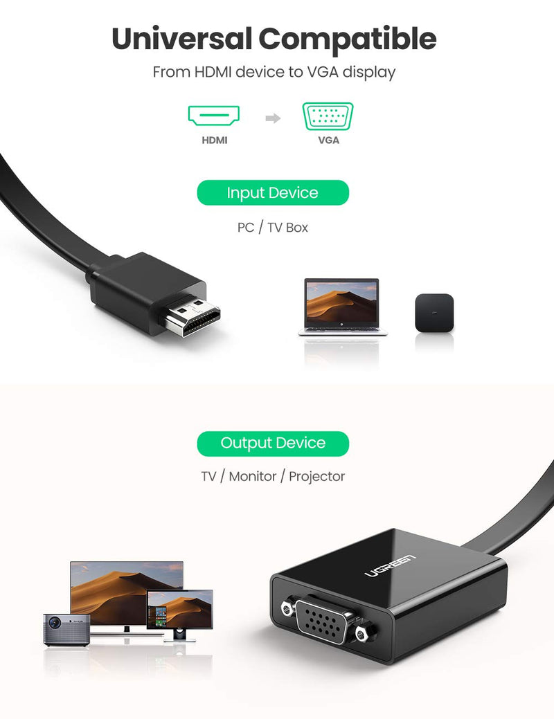 UGREEN Active HDMI to VGA Adapter with 3.5mm Audio Jack HDMI Male to VGA Female up to 1080P for PC Laptop Ultrabook Raspberry Pi Chromebook Black
