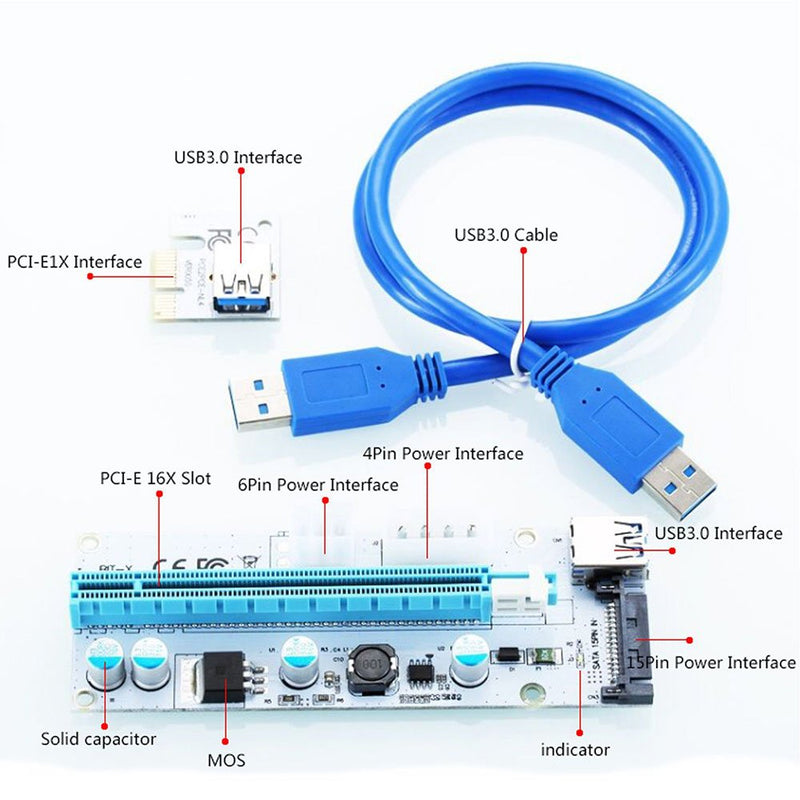 CFIKTE VER 008S PCI-E Express Cable 1X TO 16X Graphics Extension Ethereum ETH Mining Powered Riser Adapter Card, 60cm USB 3.0 Cable, 4 Solid Capacitors,15pin Male to 6pin Power Slot Connector (1 Pack) 1 Pack