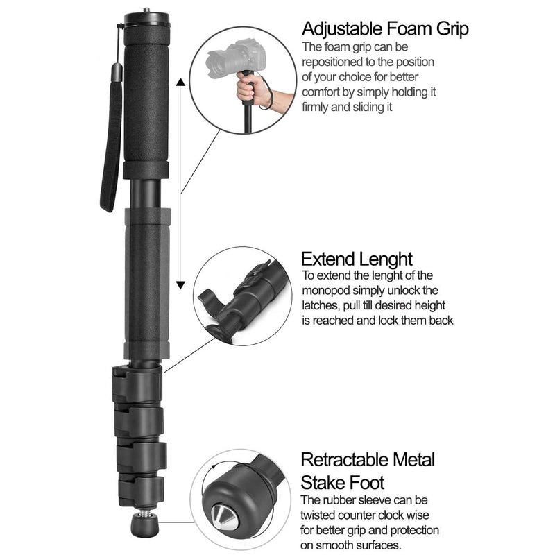 Acuvar 62" Inch Monopod with Integrated Safety Strap and 4 Section Extending Pole for All Digital Cameras, DSLR, Mirrorless, Compact Cameras