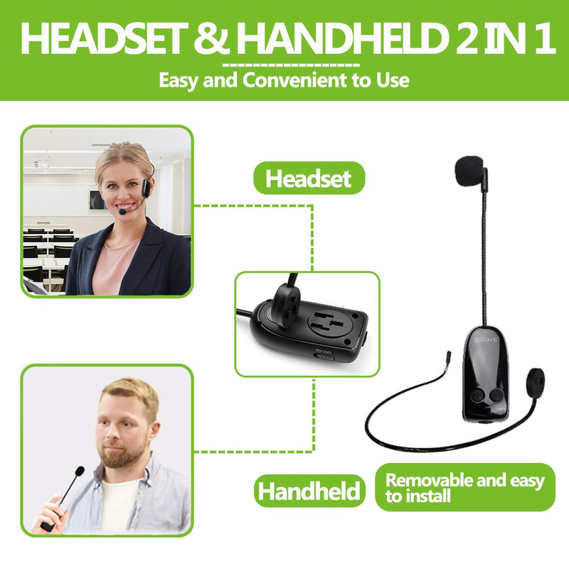 Wireless Microphone Headset, UHF Wireless Mic System, 160ft Range, 1/8''＆1/4'' Plug, Handheld Mic and Microphone Headset 2 in 1, for Speakers, Laptop, Voice Amplifier, Phone, Computer