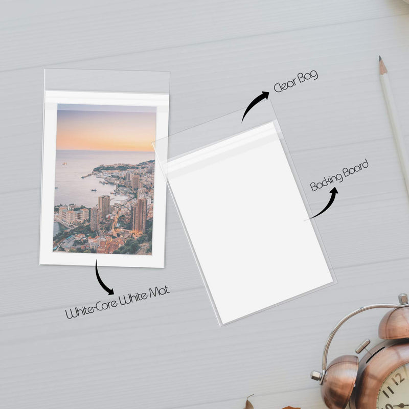 Golden State Art, Pack of 10 White Pre-Cut 5x7 Picture Mat for 4x6 Photo with White Core Bevel Cut Mattes Sets. Includes 10 High Premier Acid Free Bevel Cut Matts & 10 Backing Board & 10 Clear Bags 5" x 7" 10-Pack Complete Set