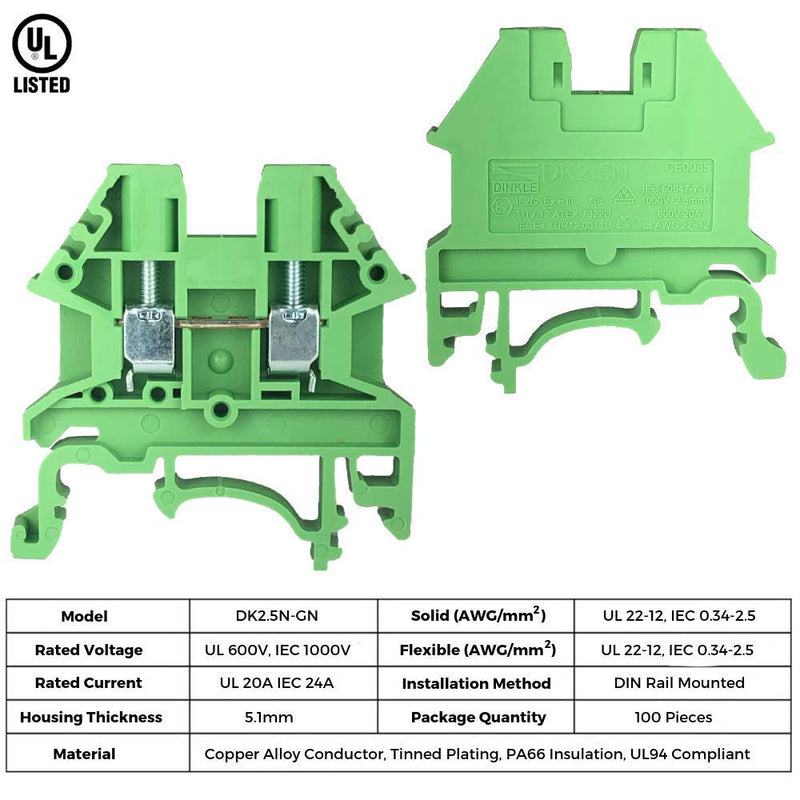 Dinkle Green DK2.5N-GN DIN Rail Terminal Block Screw Type UL 600V 20A 12-22AWG, Pack of 50