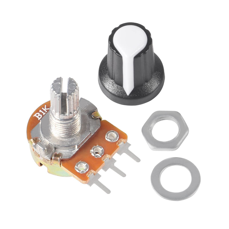 AITIAO 25Sets B1K Ohm Knurled Shaft Linear Rotary Taper Potentiometer WH148 B1K Single-Joint Variable Resistors 15mm Shaft 3Pins 1K Ohm Potentiometer with Nuts, Washers and Knob