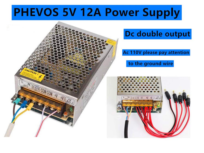 PHEVOS 5V 12A 60Watt Universal Switching Power Supply for Raspberry PI Models CCTV Radio Project WS2812B WS2811 WS2801 LED Strips Pixel Lights 5V12A