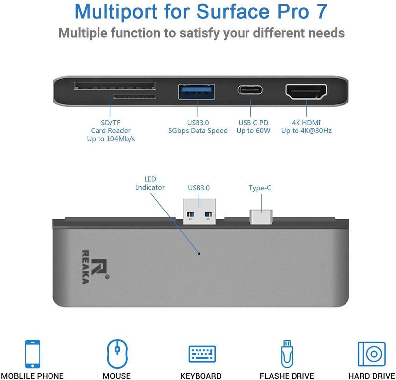 Surface Pro 7 USB C Hub, RREAKA 5-in-2 Surface Pro Adapter Docking Station with 4K HDMI, USB C 60W PD Charging, USB 3.0, SD/TF Card Reader Port, for Microsoft Surface Pro 7 Accessories SD/TF Hub Space Grey