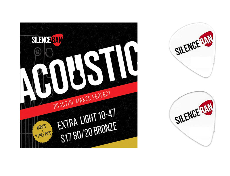2X Silenceban Acoustic Guitar Strings Extra Light Gauge 10-47 Phosphor Bronze Acoustic Guitar Strings with 2 Free Silenceban Picks Guitar Plectrums Included